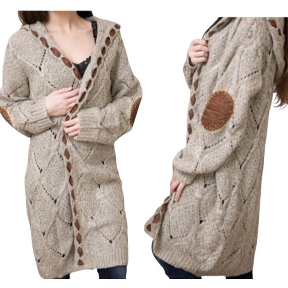 POL Cardigan Sweater M Beige Faux Suede Cable Hood Duster Long Boho Western` - Picture 1 of 16